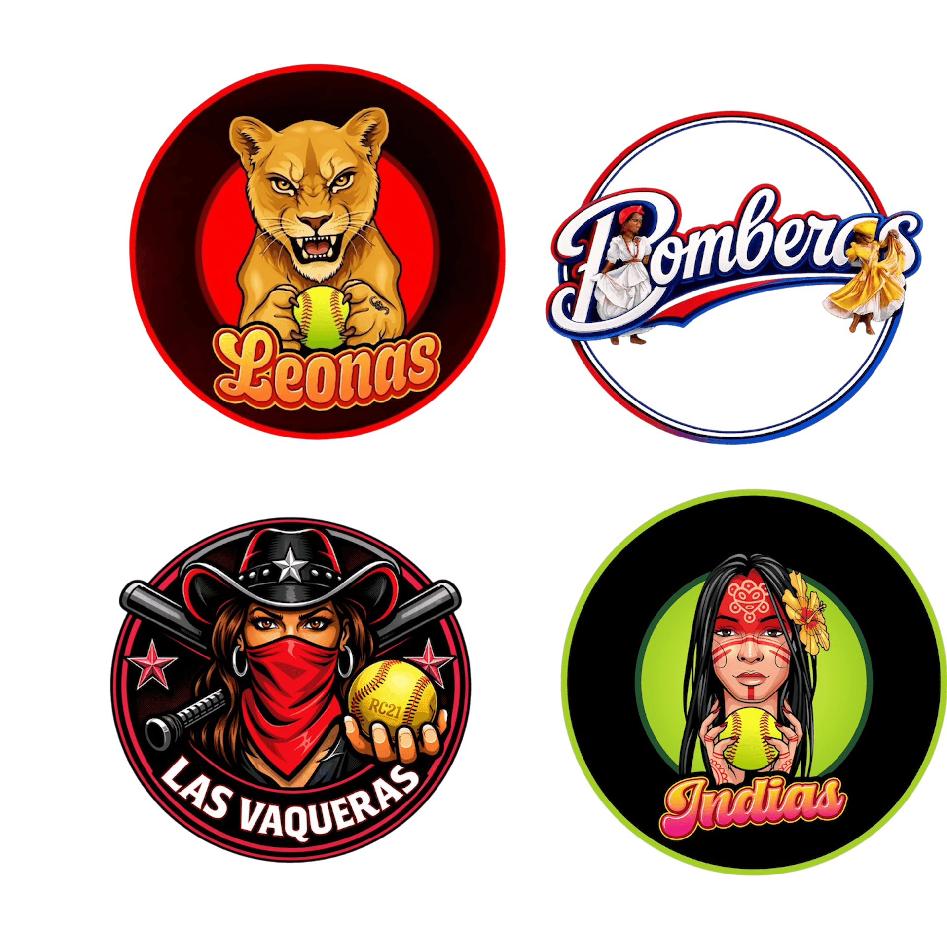 Leonas, Bomberas, Indias, and Tainas Girls Softball League team crests